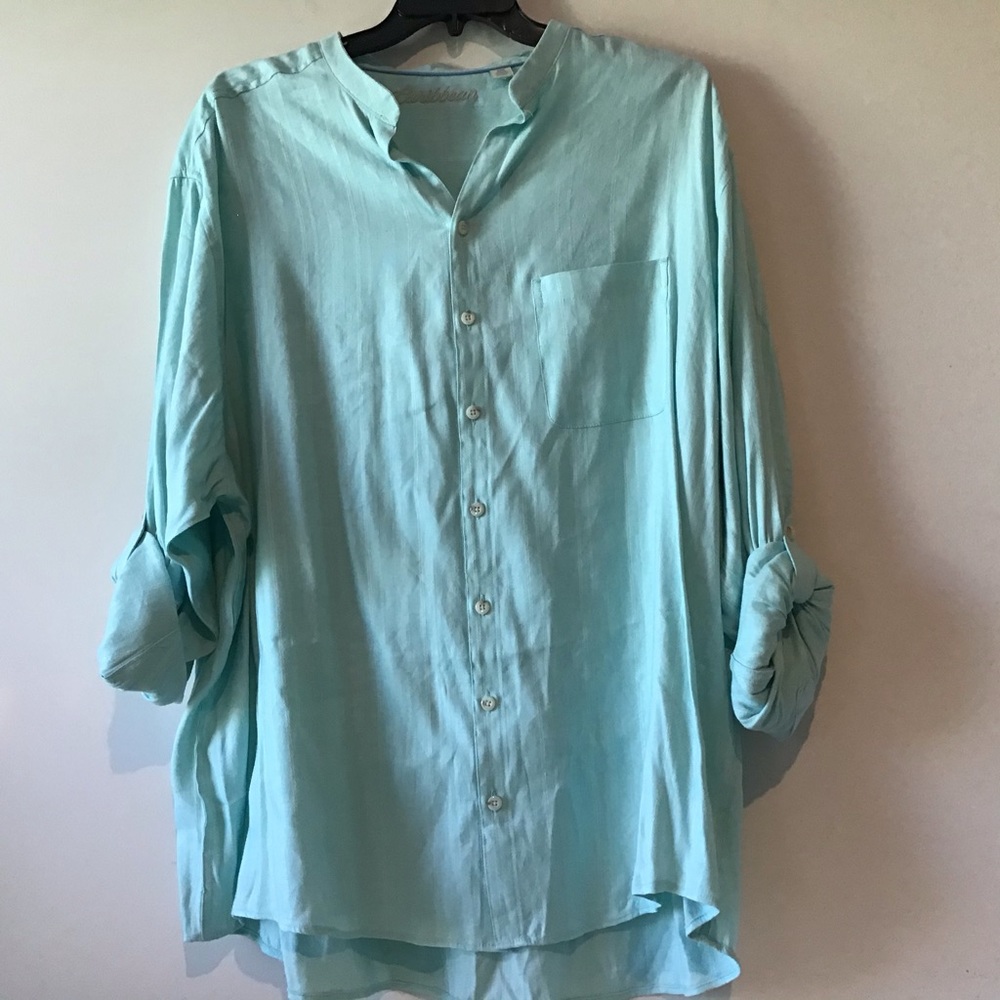 Caribbean NWT $89.50 Shirt 3XB Aqua 58% Linen Convertible Slv.